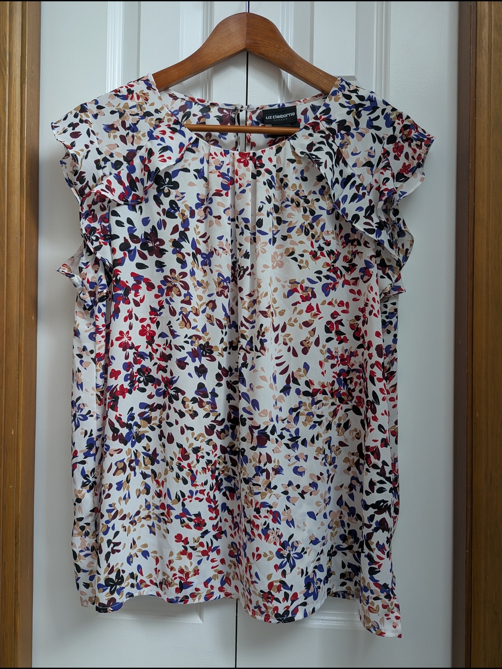 Liz Claiborne Ivory Multicolor Floral Ruffle Sleeve Blouse